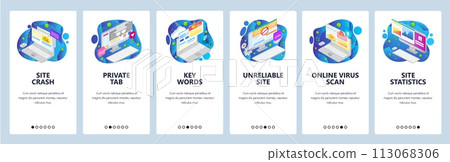 Mobile app onboarding screens. Business charts, isometric computer icons, private browsing, virus scan. Vector banner template for website and mobile development. Web site design flat illustration 113068306