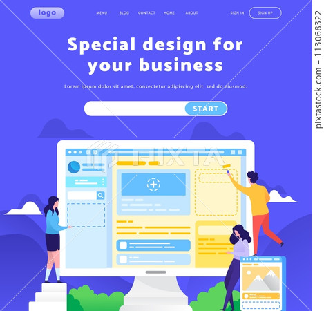 Vector web site design template. Business team building site wireframe. Landing page concepts for website mobile development. Modern flat illustration Vector web site design template. Business team building site wireframe. Landing page concepts for website mobile development. Modern flat illustration 113068322