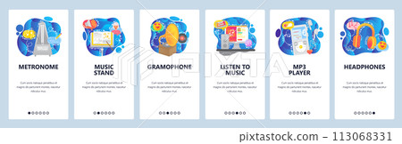 Mobile app onboarding screens. Listen music, streaming, headphones, player, metronome, gramophone. Menu vector banner template for website and mobile development. Web site design flat illustration Mobile app onboarding screens. Listen music, streaming, headphones, player, metronome, gramophone. Menu vector banner template for website and mobile development. Web site design flat illustration 113068331