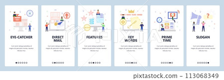 Mobile app onboarding screens. Video marketing, promotion, direct mail, keywords. Menu vector banner template for website and mobile development. Web site design flat illustration Mobile app onboarding screens. Video marketing, promotion, direct mail, keywords. Menu vector banner template for website and mobile development. Web site design flat illustration 113068349