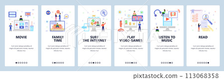 Mobile app onboarding screens. Family time at home, play video games, watch movies, read book, music. Menu vector banner template for website and mobile development. Web site design flat illustration 113068358