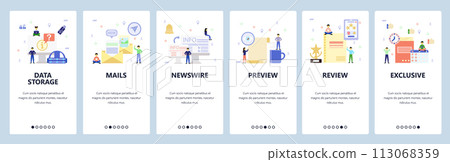 Mobile app onboarding screens. Data storage, technology, email, news. Menu vector banner template for website and mobile development. Web site design flat illustration 113068359