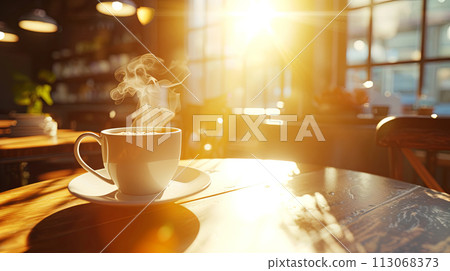 a cup of hot coffee on the table in a stylish cafe, the sun is shining 113068373