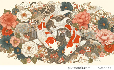 鯉魚和鮮花的日式背景 113068457