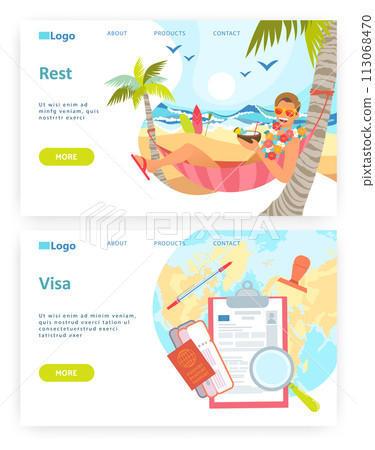 Man drinks cocktail in hammock on tropical beach. Passport, visa and travel documents. Summer holiday concept. Vector web site design template. Landing page website concept illustration 113068470