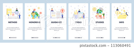 Education icons, office and studying accessories. Mobile app onboarding screens. Menu vector banner template for website and mobile development. Web site design flat illustration Education icons, office and studying accessories. Mobile app onboarding screens. Menu vector banner template for website and mobile development. Web site design flat illustration 113068491