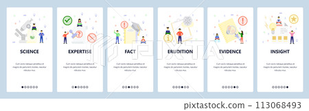 Science and education icons. Mobile app onboarding screens. Menu vector banner template for website and mobile development. Web site design flat illustration Science and education icons. Mobile app onboarding screens. Menu vector banner template for website and mobile development. Web site design flat illustration 113068493