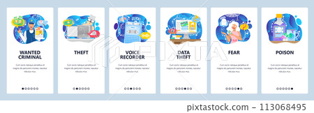 Wanted criminal, cyber security, online bank fraud, data theft, crime. Mobile app onboarding screens. Menu vector banner template for website and mobile development. Web site design flat illustration Wanted criminal, cyber security, online bank fraud, data theft, crime. Mobile app onboarding screens. Menu vector banner template for website and mobile development. Web site design flat illustration 113068495