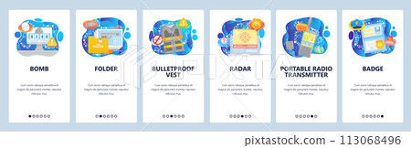 Police icons, terrorist attack. bomb timer, police badge, pistol, radar. Mobile app onboarding screens. Vector banner template for website and mobile development. Web site design flat illustration Police icons, terrorist attack. bomb timer, police badge, pistol, radar. Mobile app onboarding screens. Vector banner template for website and mobile development. Web site design flat illustration 113068496