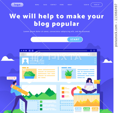 Social and digital marketing, online dashboard, traffic charts. Vector web site design template. Landing page website concept illustration Social and digital marketing, online dashboard, traffic charts. Vector web site design template. Landing page website concept illustration 113068497