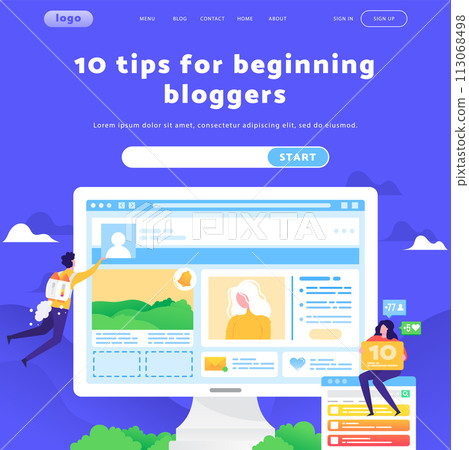 Online blog content and wireframe. Social media marketing team. Vector web site design template. Landing page website concept illustration Online blog content and wireframe. Social media marketing team. Vector web site design template. Landing page website concept illustration 113068498