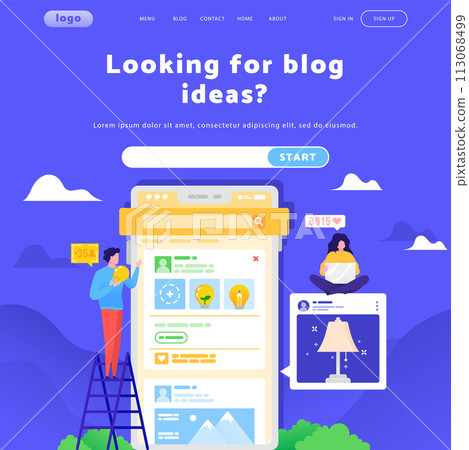 Social media marketing, blog content, mobile feed. Vector web site design template. Landing page website concept illustration Social media marketing, blog content, mobile feed. Vector web site design template. Landing page website concept illustration 113068499