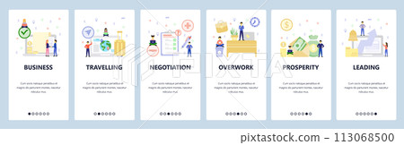 Business icons, office desk, overtime pay, travel. Mobile app onboarding screens. Menu vector banner template for website and mobile development. Web site design flat illustration Business icons, office desk, overtime pay, travel. Mobile app onboarding screens. Menu vector banner template for website and mobile development. Web site design flat illustration 113068500