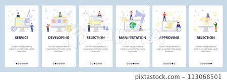 Computer repair service, global promotion, approved and denied. Mobile app onboarding screens. Menu vector banner template for website and mobile development. Web site design flat illustration Computer repair service, global promotion, approved and denied. Mobile app onboarding screens. Menu vector banner template for website and mobile development. Web site design flat illustration 113068501