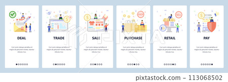 Business icons, signed deal, sale, shopping bags, retail shop, secure mobile payment. App onboarding screens. Menu vector banner template for website and mobile. Web site design flat illustration Business icons, signed deal, sale, shopping bags, retail shop, secure mobile payment. App onboarding screens. Menu vector banner template for website and mobile. Web site design flat illustration 113068502