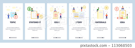Open book, todo list, office materials. Mobile app onboarding screens. Menu vector banner template for website and mobile development. Web site design flat illustration Open book, todo list, office materials. Mobile app onboarding screens. Menu vector banner template for website and mobile development. Web site design flat illustration 113068503