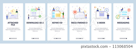 Computer icons, files and data, online profiles, recommendation, chat messages. Mobile app onboarding screens. Menu vector banner template for website and mobile. Web site design flat illustration Computer icons, files and data, online profiles, recommendation, chat messages. Mobile app onboarding screens. Menu vector banner template for website and mobile. Web site design flat illustration 113068504