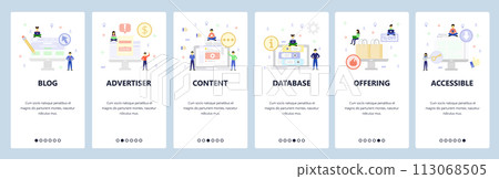 Blog and video content, online access, shopping bags. Mobile app onboarding screens. Menu vector banner template for website and mobile development. Web site design flat illustration Blog and video content, online access, shopping bags. Mobile app onboarding screens. Menu vector banner template for website and mobile development. Web site design flat illustration 113068505