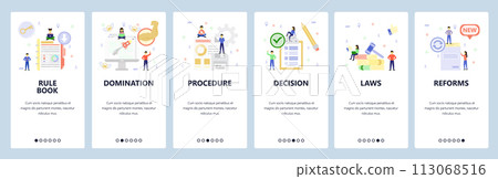 Guide manual book, law, data, business launch. Mobile app onboarding screens. Menu vector banner template for website and mobile development. Web site design flat illustration Guide manual book, law, data, business launch. Mobile app onboarding screens. Menu vector banner template for website and mobile development. Web site design flat illustration 113068516