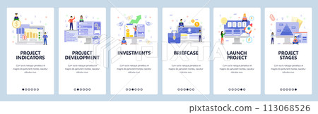 Business management, financial chart, project launch, investments. Mobile app onboarding screens. Menu vector banner template for website and mobile development. Web site design flat illustration Business management, financial chart, project launch, investments. Mobile app onboarding screens. Menu vector banner template for website and mobile development. Web site design flat illustration 113068526