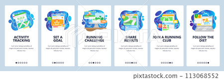 Sport activity tracket and fitness mobile app, set a gol and share results. Mobile app onboarding screens. Menu vector banner template for website and development. Web site design flat illustration 113068552