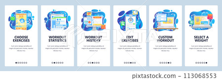 Workout and fitness mobile phone app, exercise plan, statistics and history. Mobile app onboarding screens. Menu vector banner template for website and development. Web site design flat illustration 113068553
