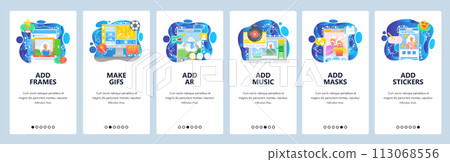 Smartphone applications, GIF, augmented reality games, face mask, stickers, music streaming. Mobile app onboarding screens. Vector template for website and mobile. Web site design illustration Smartphone applications, GIF, augmented reality games, face mask, stickers, music streaming. Mobile app onboarding screens. Vector template for website and mobile. Web site design illustration 113068556