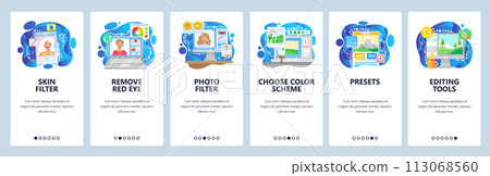 Photo editing and image retouching software application, photo filter. Mobile app onboarding screens. Menu vector banner template for website and mobile development. Web site design flat illustration 113068560