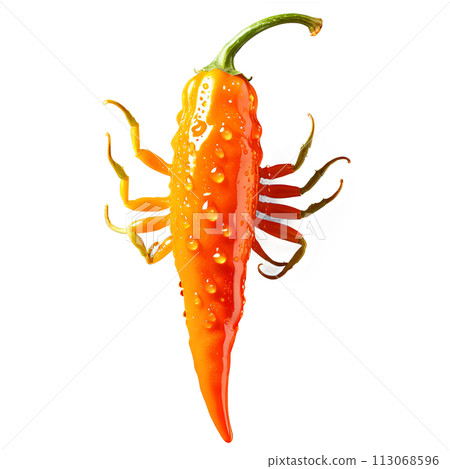 A close-up shot of a single orange scorpion pepper, with water droplets clinging to its surface, 113068596
