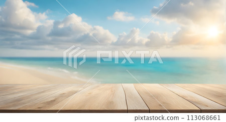 Empty Wooden Table with Sunny Sea Empty Wooden Table with Sunny Sea 113068661