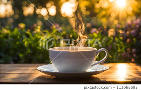 Steaming Cup of Tea in Early Morning 113068692