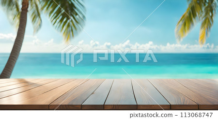 Empty Wooden Table with Sunny Sea 113068747