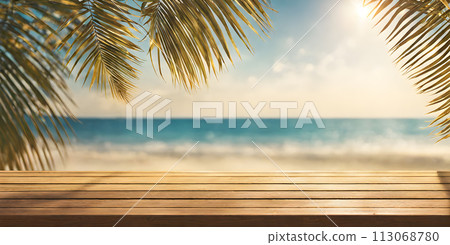 Empty Wooden Table with Sunny Sea 113068780