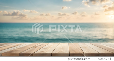 Empty Wooden Table with Sunny Sea 113068781