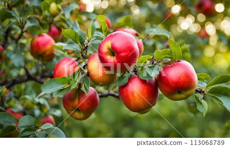 Ripe apple tree in foreground, soft-focus garden 113068789