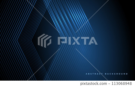 Dark blue 3d vector abstract modern background with blue glowing stripes. Futuristic technology concept design for banner, landing web page, wallpaper, cover, presentation background, business card 113068948