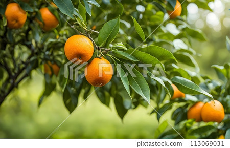 Abundant orange tree with ripe oranges in focus foreground, garden setting background Abundant orange tree with ripe oranges in focus foreground, garden setting background 113069031