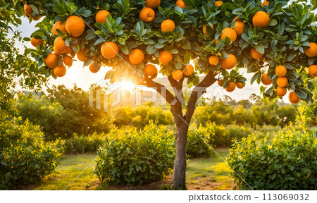 Abundant orange tree with ripe oranges in focus foreground, garden setting background Abundant orange tree with ripe oranges in focus foreground, garden setting background 113069032