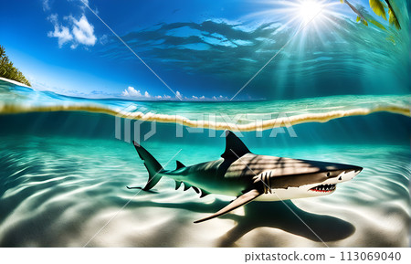 Sunlit Beach with Underwater Shark 113069040