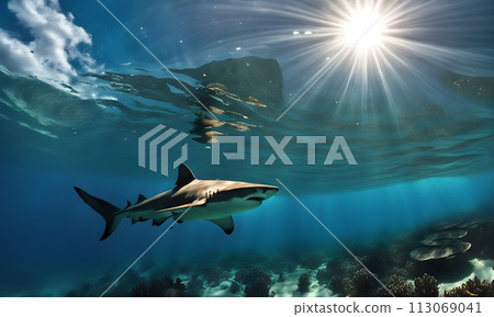 Sunlit Beach with Underwater Shark 113069041