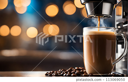 Espresso machine pouring rich shot into demitasse Espresso machine pouring rich shot into demitasse 113069050