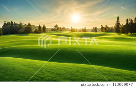 Wide lawn trimmed with precision under a blue sunny sky Wide lawn trimmed with precision under a blue sunny sky 113069077