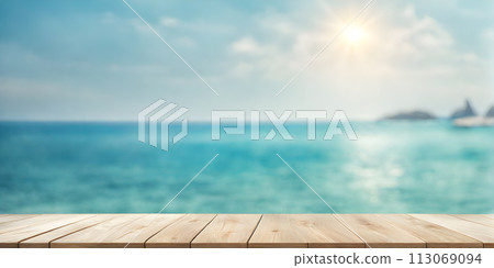 Empty Wooden Table with Sunny Sea Empty Wooden Table with Sunny Sea 113069094