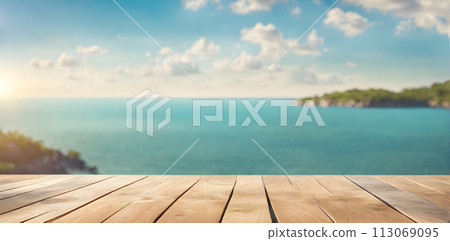Empty Wooden Table with Sunny Sea 113069095