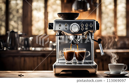 Espresso machine pouring rich shot into demitasse Espresso machine pouring rich shot into demitasse 113069097