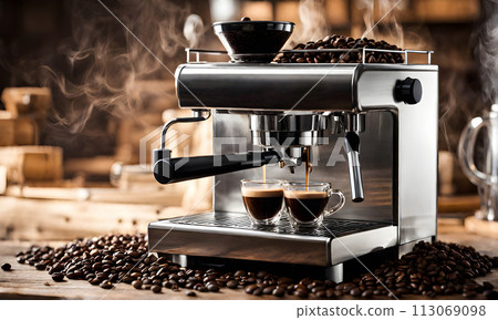 Espresso machine pouring rich shot into demitasse 113069098