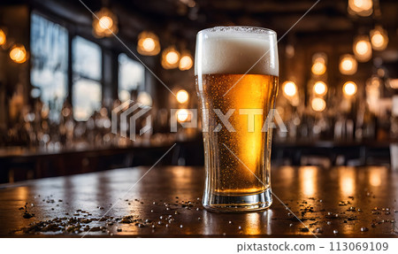 Frothy beer being poured into a chilled glass 113069109