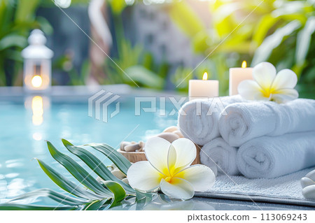 Spa composition with towels and flowers at poolside Spa composition with towels and flowers at poolside 113069243