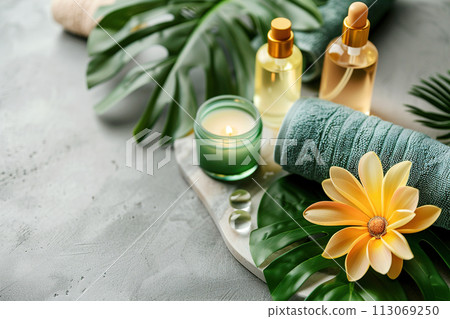 Spa treatment accessories, towels and oil bottles on grey background Spa treatment accessories, towels and oil bottles on grey background 113069250