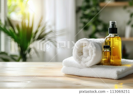 Spa treatment accessories, towels and oil bottles on wooden background Spa treatment accessories, towels and oil bottles on wooden background 113069251